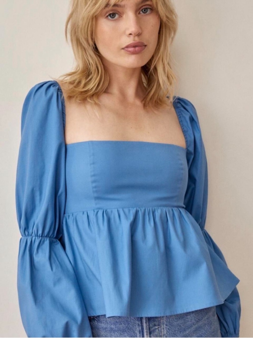Reformation Jaxley blue long sleeve peplum blouse top size 10 NWT - Picture 1 of 9